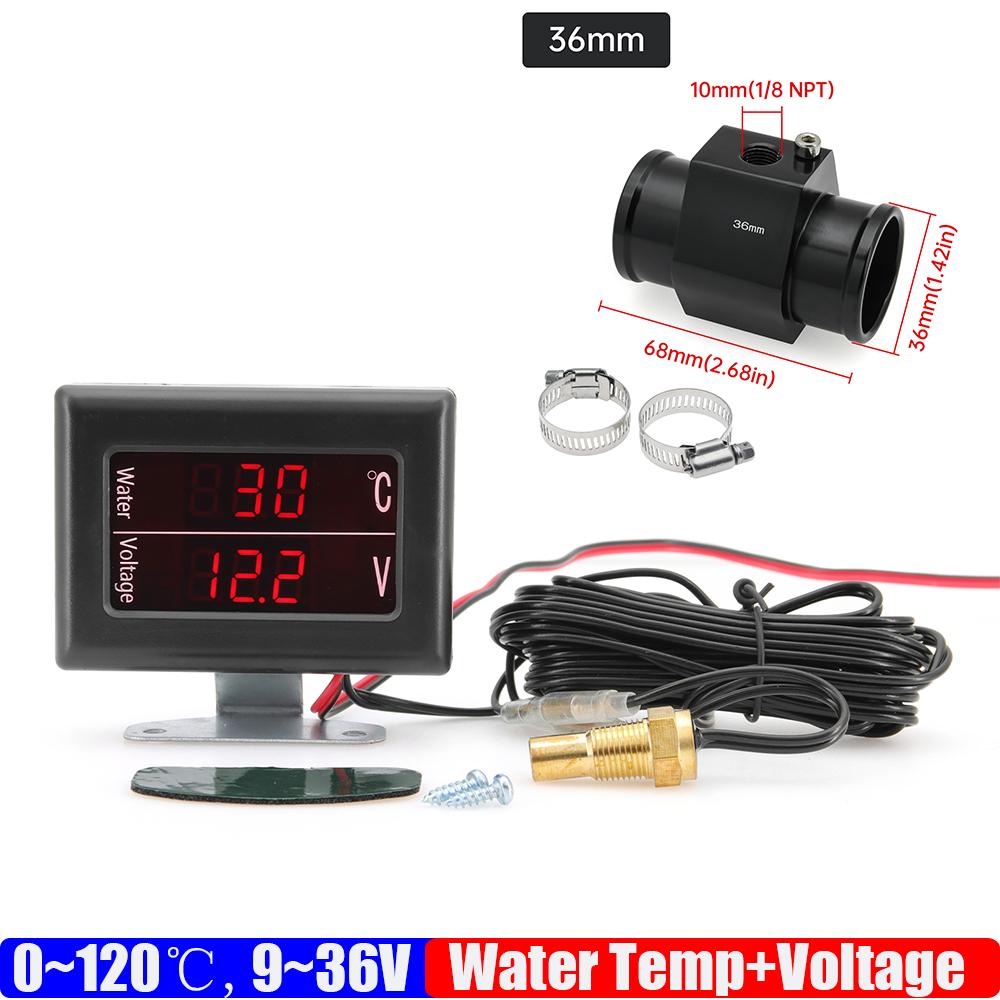 2 IN 1 Auto Car Digital 0~120℃ Water Temperature Gauge+Voltmeter 9-36V Water Temp Sensor Adapter 26MM-40MM for Auto Car Truck