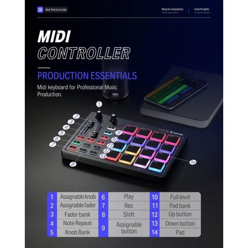 Donner STARRYPAD MIDI Controller, 16 Pads, USB Type-C, Music Production, Backlit, Japanese Instruction Manual