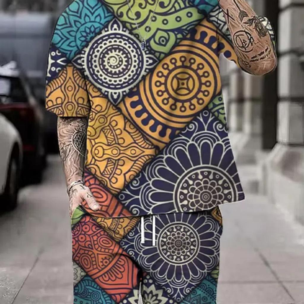 Summer Men's Short Sleeve Shorts Set Street Everyday Casual Men's T-Shirt Outdoor Fashion Loose Shorts Bohemian Print