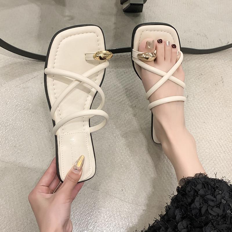 Aphixta Metalen Gesp Dec Dames Teenslippers Zomer Strand Slippers Smalle Band Schuifsandalen Snoepkleur Zoete Slippers Platte Sandalen