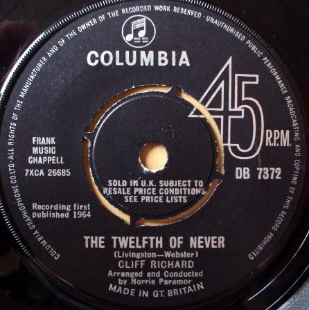 

7inch Record CLIFF RICHARD - The Twelfth Of Never DB7372 Columbia 1964 UK Pop Used