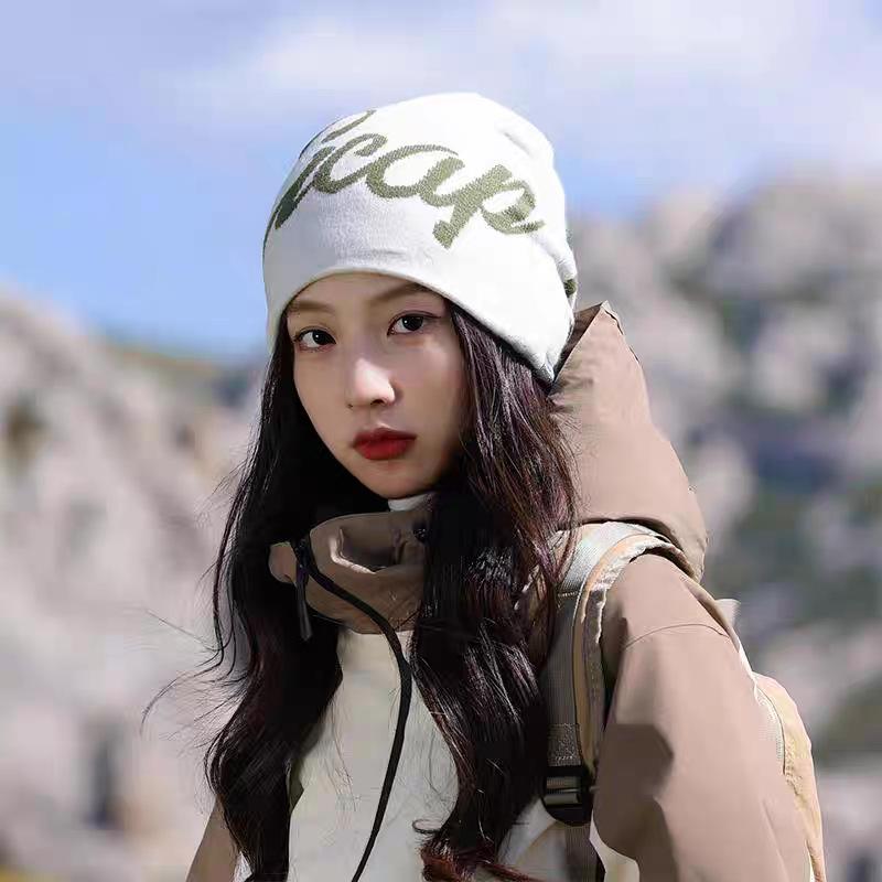 New Letter Embroidered Knitted Hat for Women Autumn and Winter Warm Ear Protection Hood Outdoor Hiking and Camping Hood