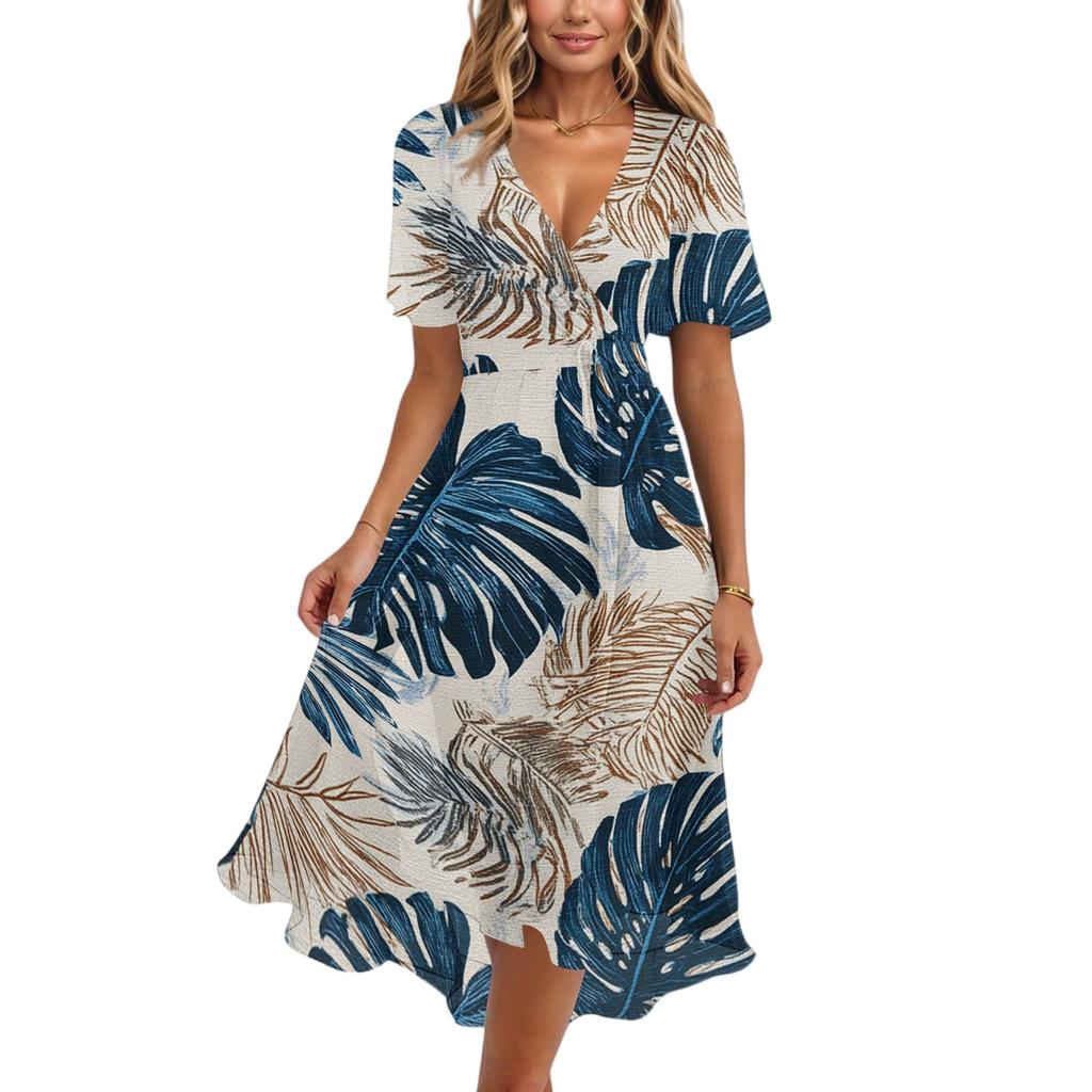 Women V Neck Short Sleeve Casual Dress Hawaiian Print Midi Dress Summer Beach Dress with Elastic Waist and Flared Skirt