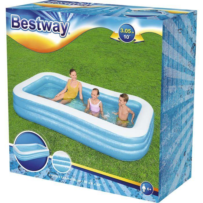 Luxury Inflatable Pool - BESTWAY - Children and Family - Blue - 3 Rings - 305x183x56 Cm