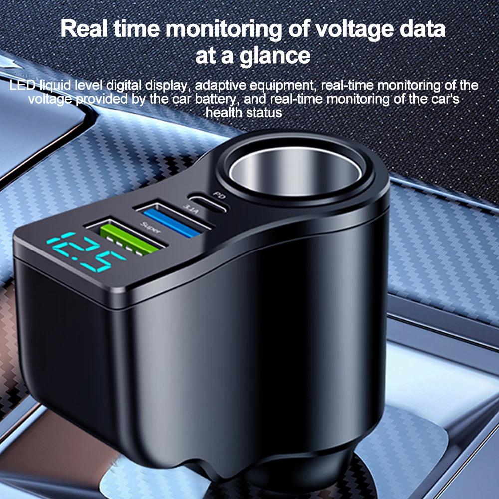 4-In-1 Power Adapter Car Charger Socket Distributor With 2 USB Ports 12V/24V USB Type-C PD Fast Charging with Digital Display