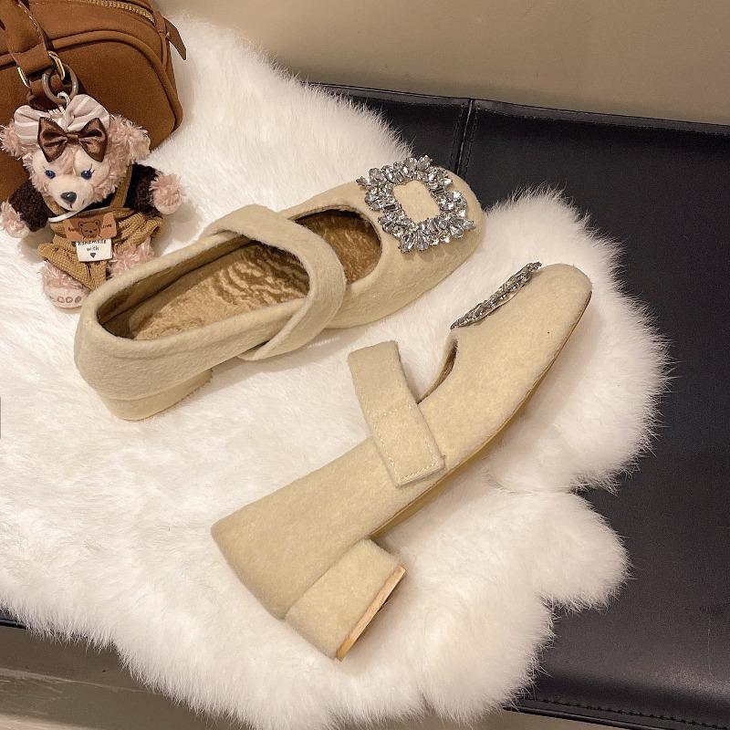 Women's Elegant Square Head Shallow Mouth Hairy Single Shoes Autumn Warm Comfortable Versatile Plush Mary Jane Cotton Shoes
