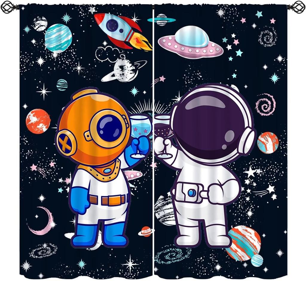 Cartoon Space Universe Curtains,Solar System Planet Rocket Spacecraft Print Decor Rod Pocket Window Treatments For Kids Girls