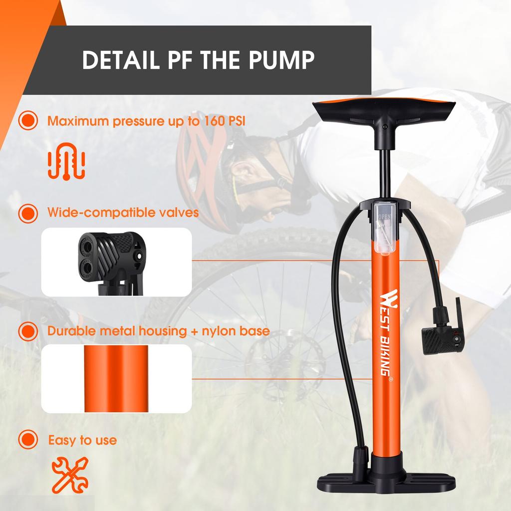 WEST BIKING 160PSI High Pressure Pump Schrader Presta MTB Bicycle Floor Pump Cycling Air Pump Tire Ball Motorcycle Car Inflator