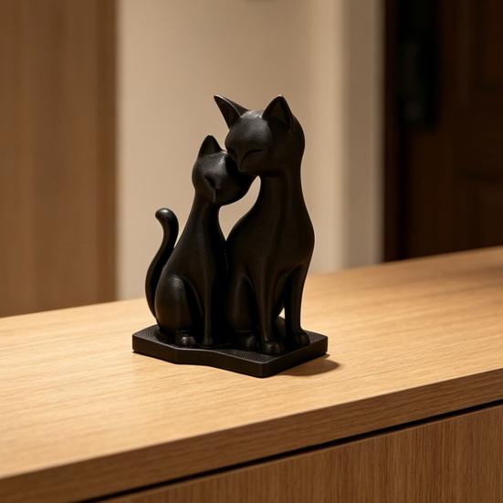 3D Printed Cat Figurine, 2 Cats Intertwining Sculpture, Modern Black Cat Statue for Home, Living Room, Office Desk, Shelf Decor
