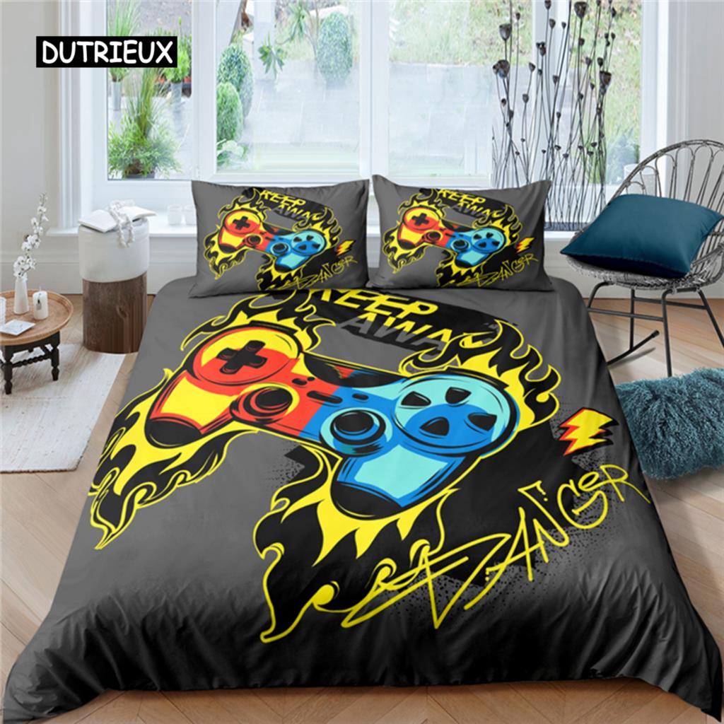 Set de lenjerie de pat cu gamepad, mărime queen, husă de plapumă neagră creativă, set husă de plapumă din poliester, lenjerie de pat 2/3 piese
