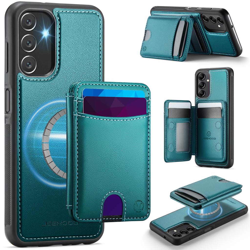 For Samsung Galaxy A14 4G/Galaxy M44 5G/Galaxy A14 5G Magnetic Case JEEHOOD J10 Leather Back Phone Cover with Detachable Card Holder Kickstand