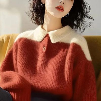 Orange Revers Verdicktes Gestricktes Unterziehshirt Damenpullover Herbst und Winter Pullover Kontrastfarbe Mode Oberteil