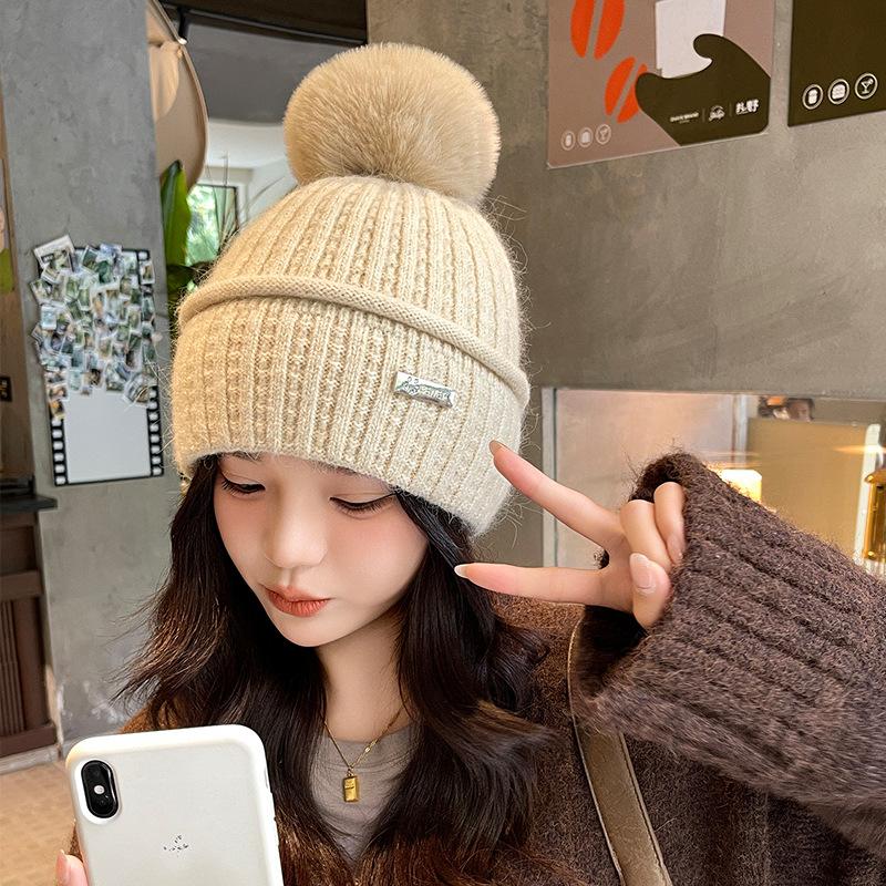 Damenmütze Strickmütze Herbst Winter Koreanische Edition Warme Kältemütze Bommel Ohrenschützer Kältemütze