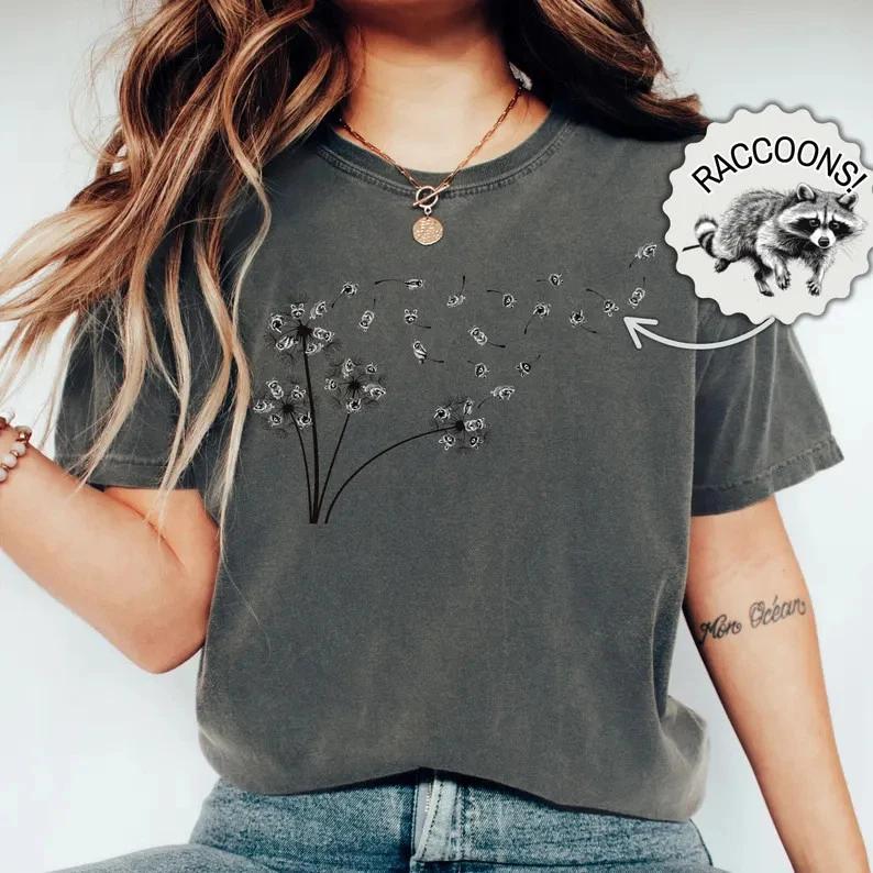 Raccoon Dandelion Shirt Nature Animal Graphic Tee 4XL