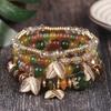 Bohemian Multi Layer Stretch Beaded Bracelet with Leaf Charm Pendant Ethnic Style Adjustable Elastic Cord Jewelry for Women and Men