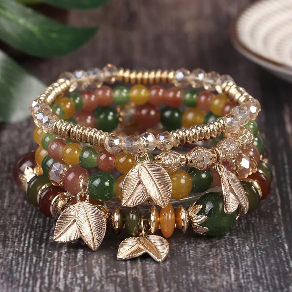 Bohemian Multi Layer Stretch Beaded Bracelet with Leaf Charm Pendant Ethnic Style Adjustable Elastic Cord Jewelry for Women and Men