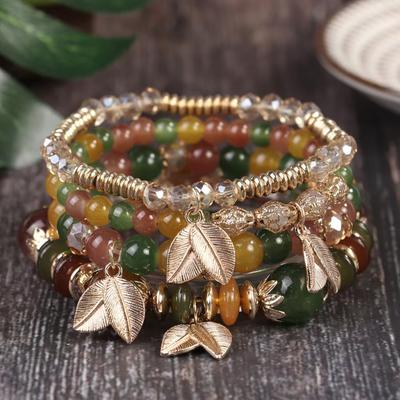 Bohemian Multi Layer Stretch Beaded Bracelet with Leaf Charm Pendant Ethnic Style Adjustable Elastic Cord Jewelry for Women and Men