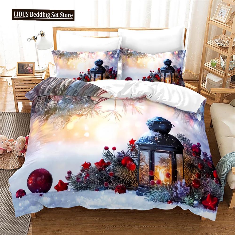 Christmas Duvet Cover Set King Size Snowflake Bells Pattern Festival Bedding Set Polyester Comforter Cover For Kids Boys Girls