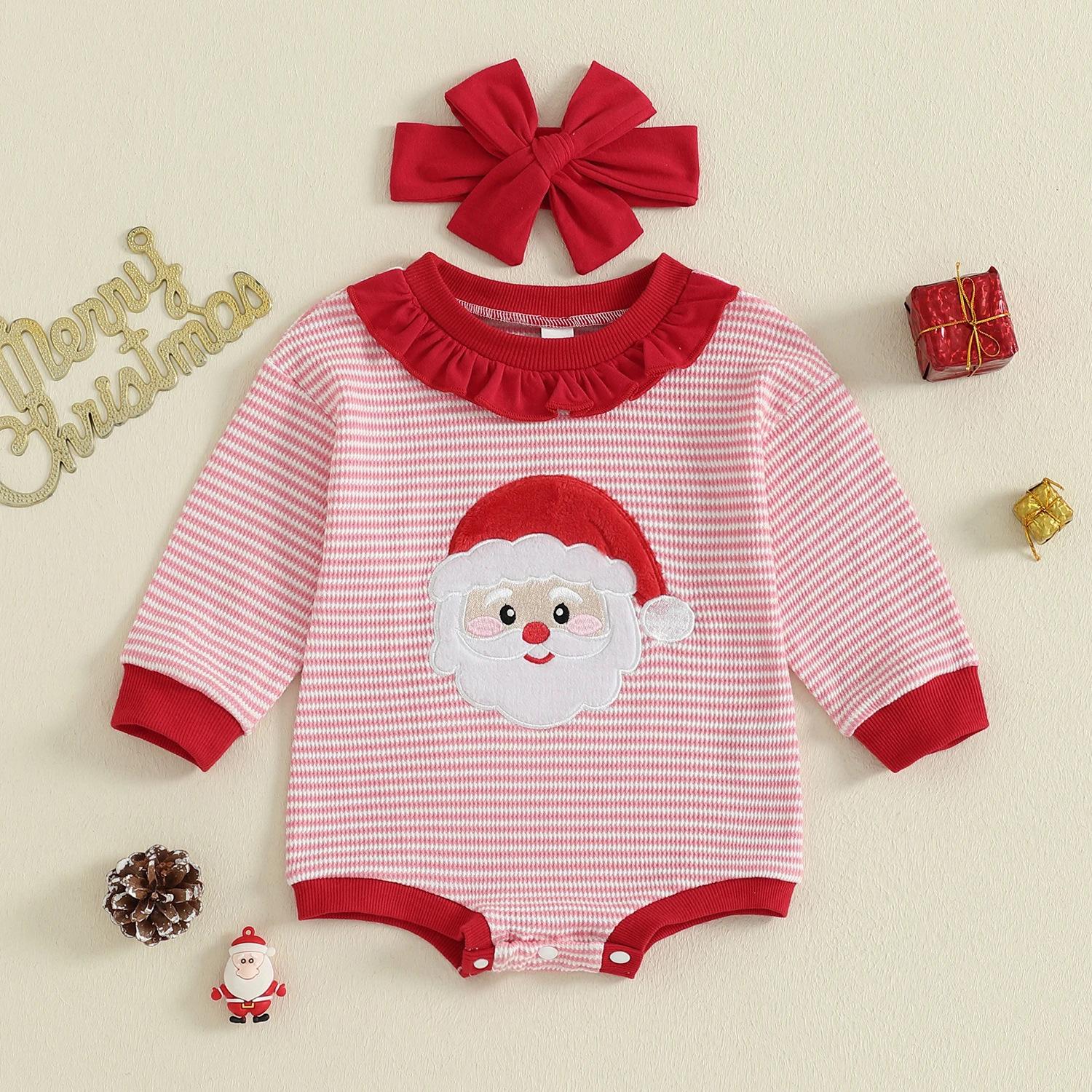 Christmas Santa Embroidered Lace Collar Long Sleeve Romper 0-3 Months