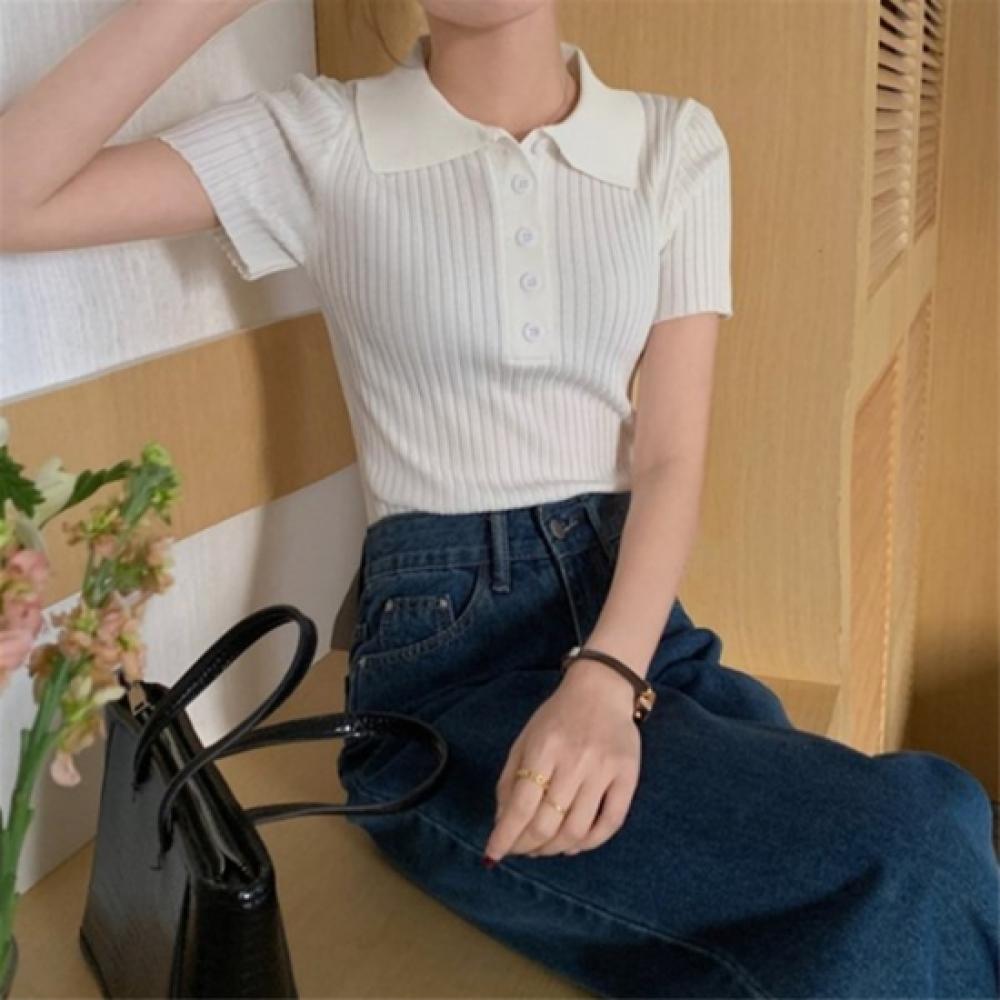 New Arrivals Open Run Women Multicolor Rib Button Collar Neck Slim Fit Short Sle