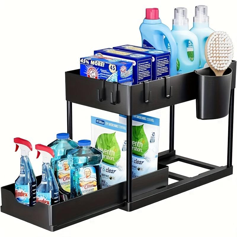 2-Tier Sliding Under Sink Organizer with Metal Frame-Plastic Storage Basket for Kitchen Spices, Cosmetics & Accessories