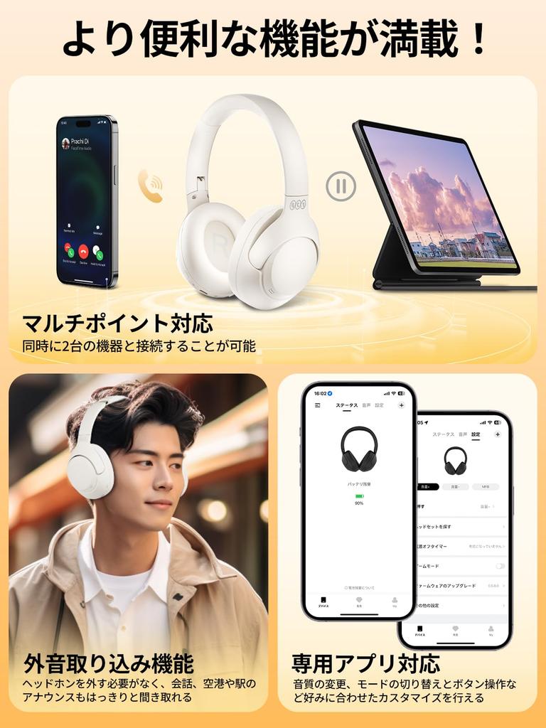 QCY H3 Wireless Noise Bluetooth Audio Support Noise Reduction Up To Wired and Up To 60 Hours of Music Ambient Sound Comfortable App White Headphones,