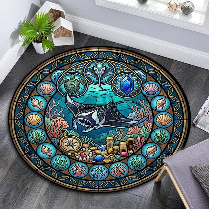 Marine Life Glass Round Area Rug Under Office Chairs Bedroom Living Room Home Decor