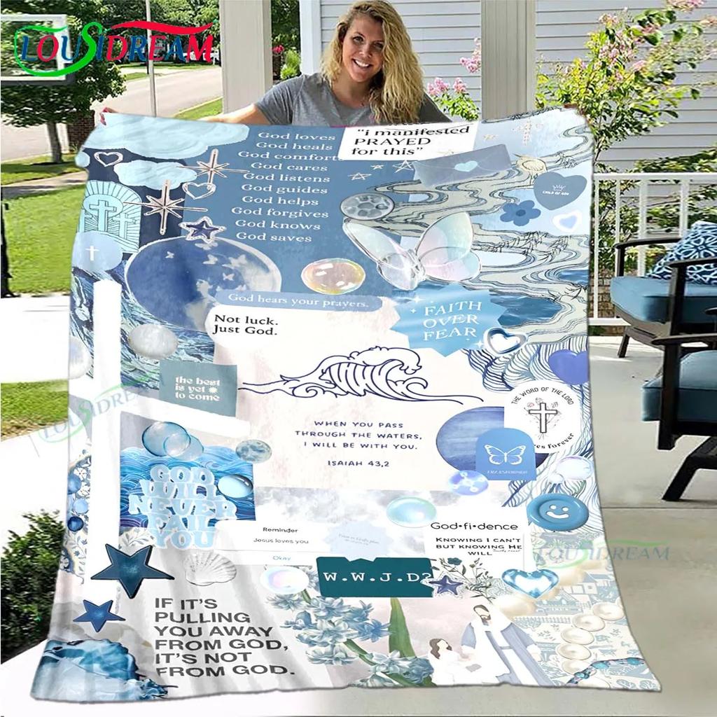 Fashion Bible Verses Jesus Pattern Blanket Flannel Thin Blanket Portable Home Travel Office Lunch Break Blanket Birthday Gift