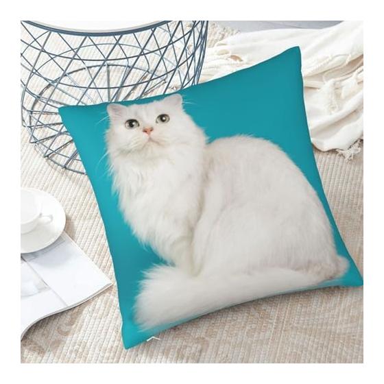 Cushion Cover 45 X 45cm Body Pillow Cover Long Hair White Cat Blue Cute Persian Cat Soft Cute Stylish Sofa Backrest Room Miscellaneous Home Use