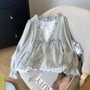 Korean Casual Sweet Fungus Lace Collar Women's Shirt Top Autumn Women Fashion Fake Two Piece Lace Up Long Sleeved Shirt