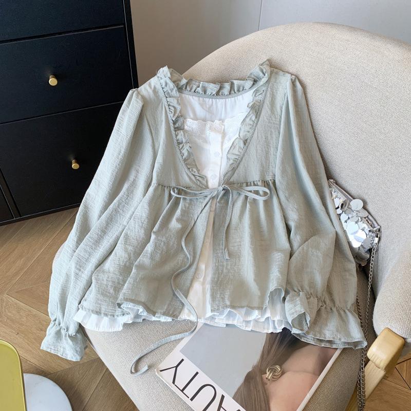 Korean Casual Sweet Fungus Lace Collar Women's Shirt Top Autumn Women Fashion Fake Two Piece Lace Up Long Sleeved Shirt