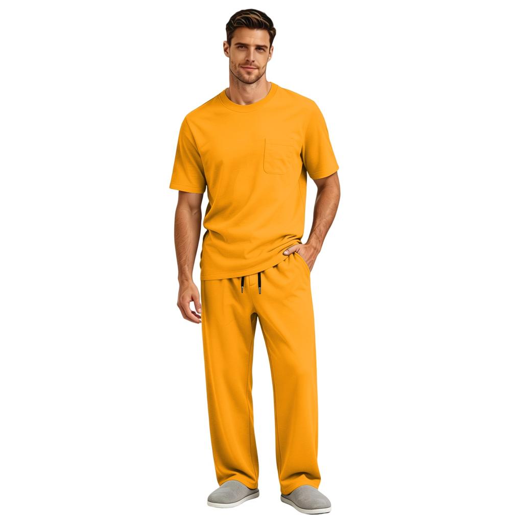 Men's Short Sleeve Pajama Set with Button Crotch and Elastic Waist Drawstring Pants for Sleepwear
