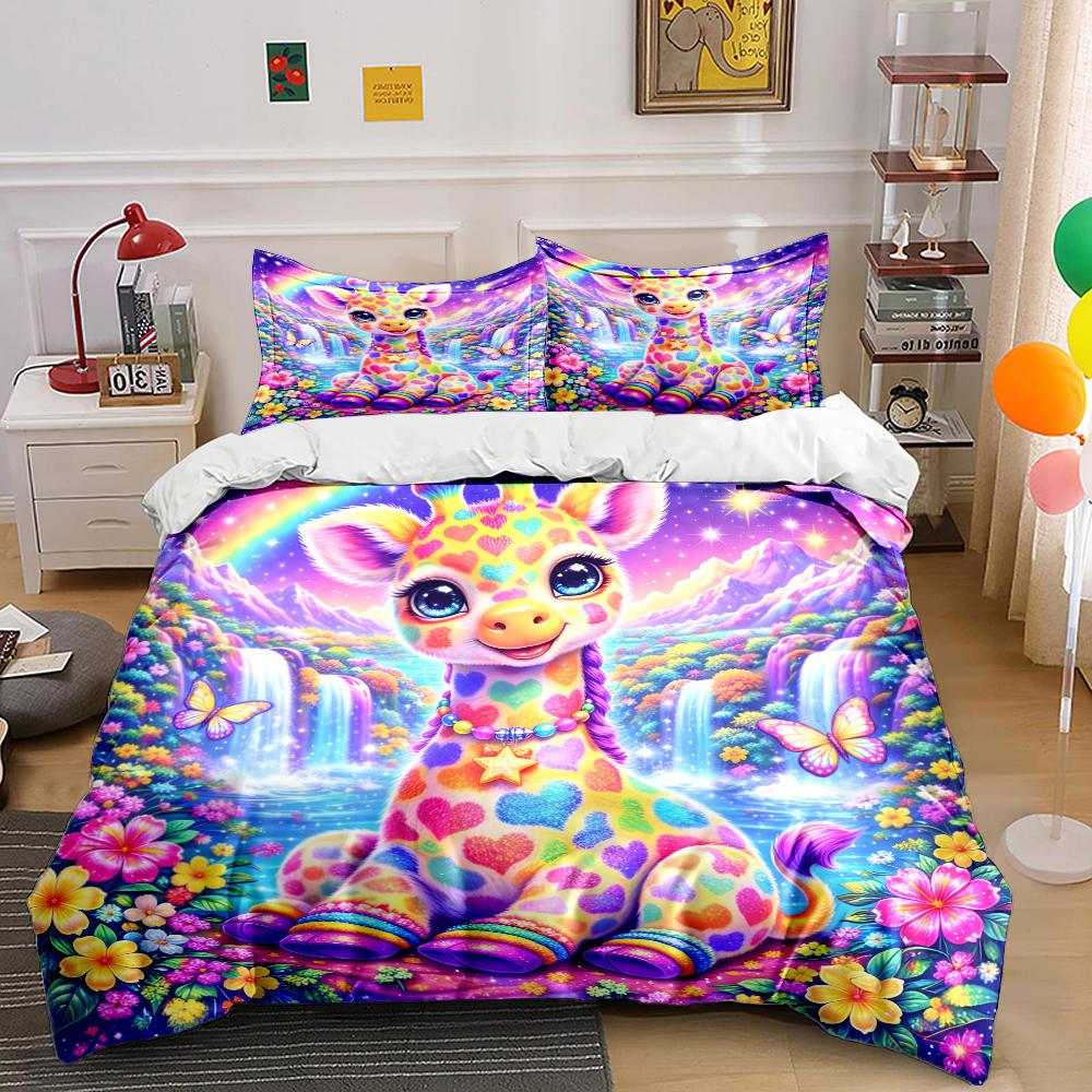 Rainbow waterfall and colorful giraffe Print Bedding Set 1 Duvet Cover 2Pillowcases for Adult and Children Luxury Gift Full Size