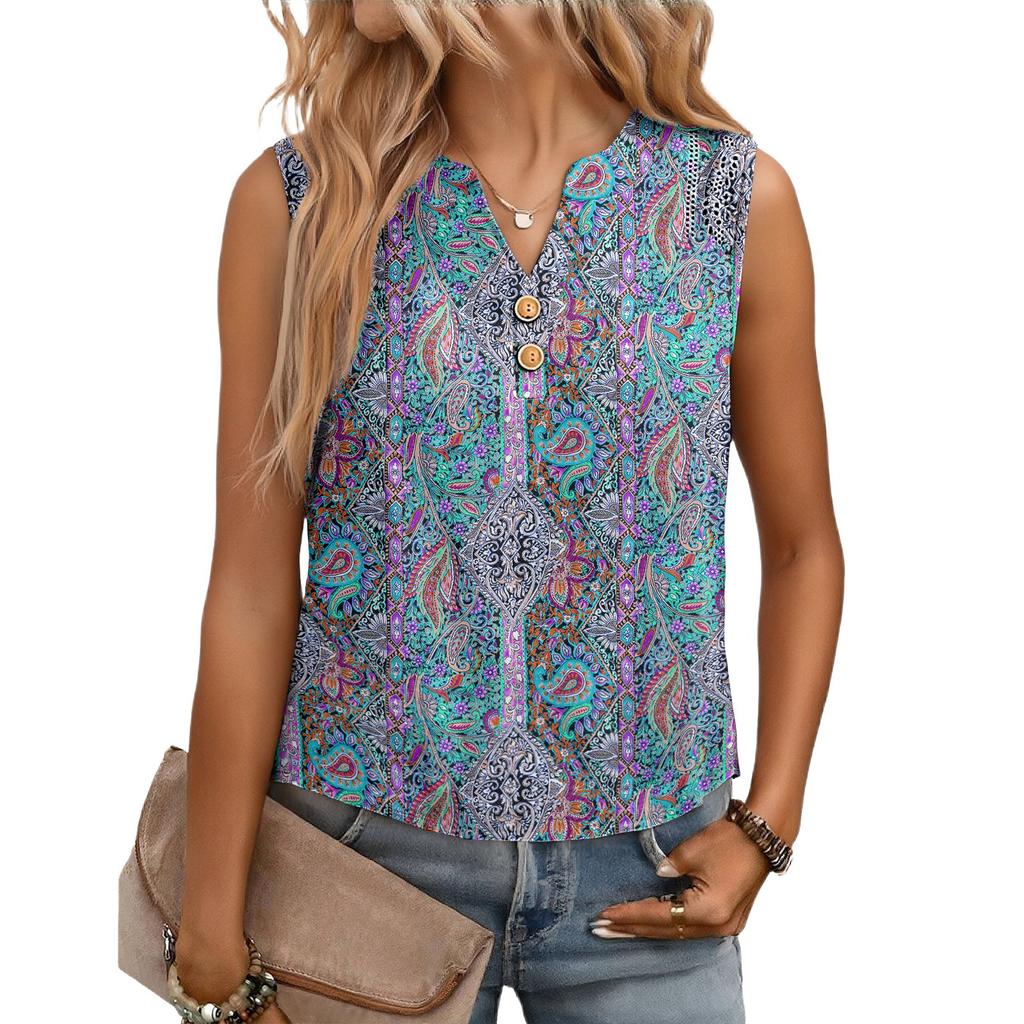 Women's Casual, Loose-Fitting, Printed, Sleeveless Linen Blouse