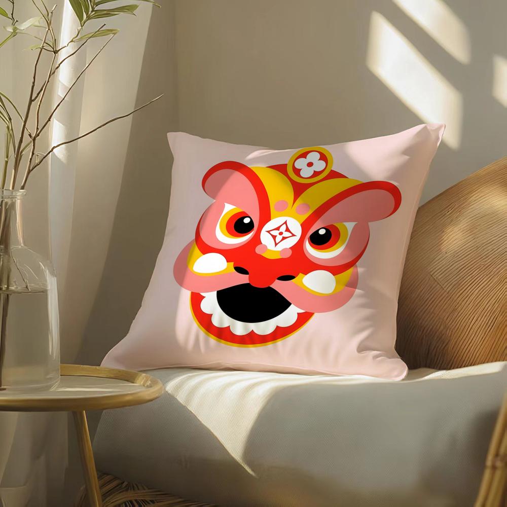 Oriental Festive Lion Print Cushion Cover Silky Elegant Comfort Sofa Bed Invisible Zipper Beach Pillowcase