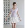 Sweet Lace V-neck Lace-up Short-sleeved T-shirt Women's Summer New Simple and Versatile Slim-fitting Top