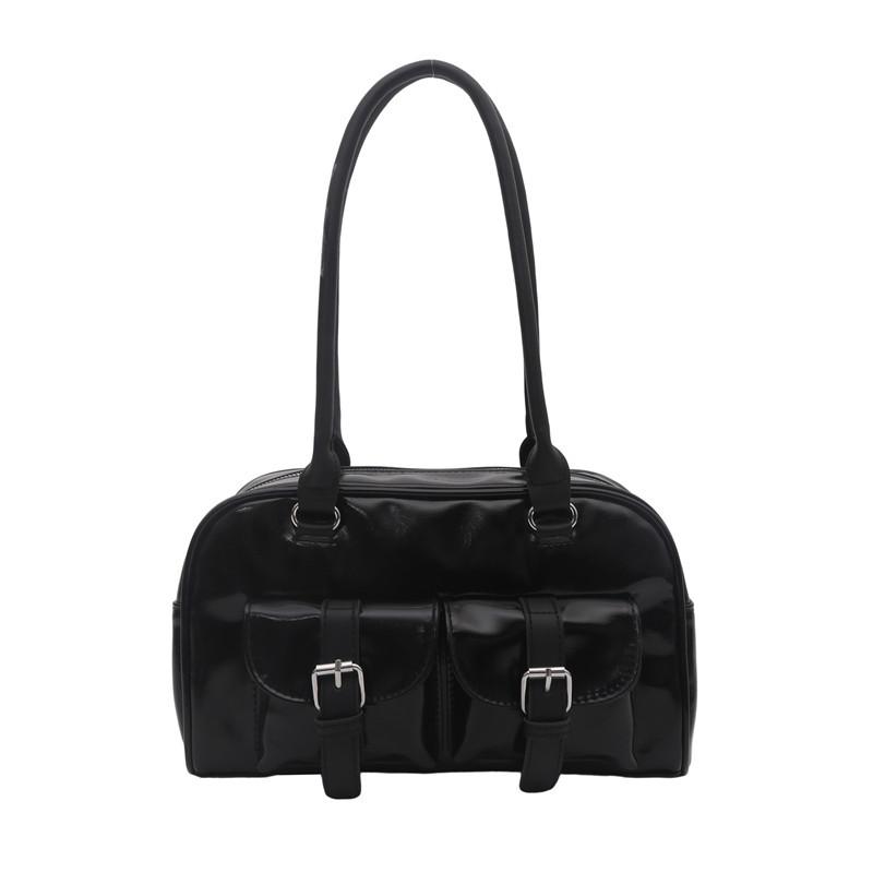 Fashion Women Patent Leather Tote Shoulder Bag Retro Style Satchel Purse with Buckle Pockets for Casual Daily Commute Streetwear