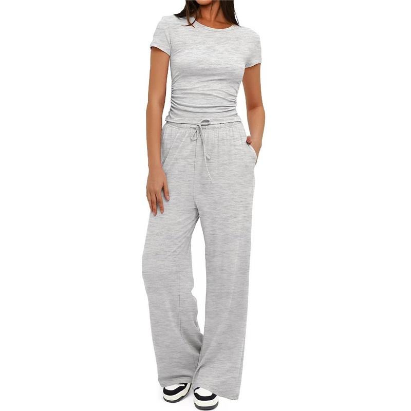 Women's 2 Piece Outfit Short Sleeve T-Shirt Wide Leg Pants Casual Tracksuit