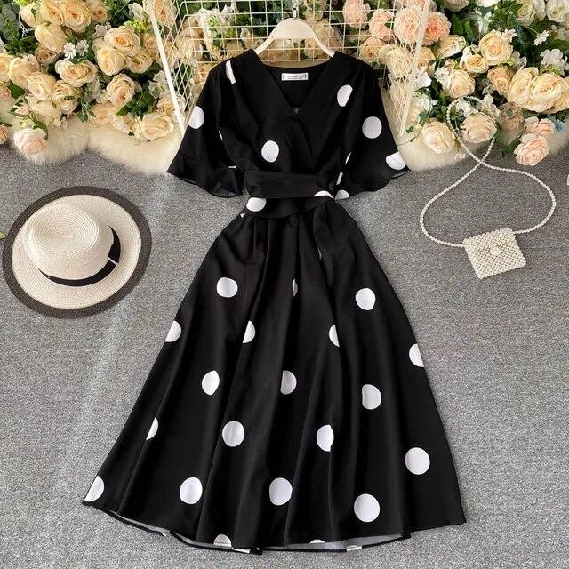 Moda Polka Dot Baskılı Kadın Elbise Yaz Zarif Vintage Bandaj İnce Bel Büyük Salıncak Uzun Parti Elbisesi