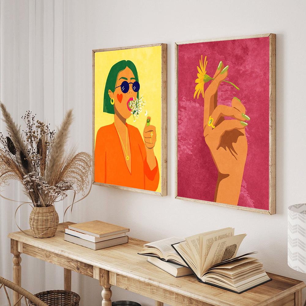 Wandbilder mit Blumen zum Tragen, Blumen rauchen, buntes abstraktes Poster und Drucke, Girl Power-Wanddekoration, Küche, Leinwandgemälde