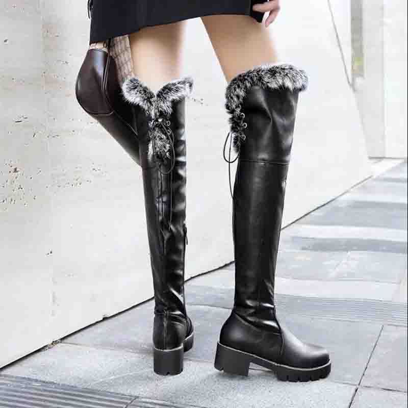 Stiefel Damen Leder Herbst und Winter Kaninchenfell Dicker Absatz