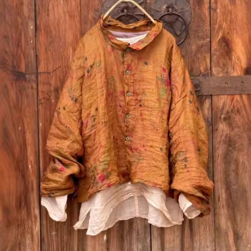 Women Floral Vintage Johnature Print Shirts Button Tops Autumn Chinese Style Turndown Collar Women Blouses