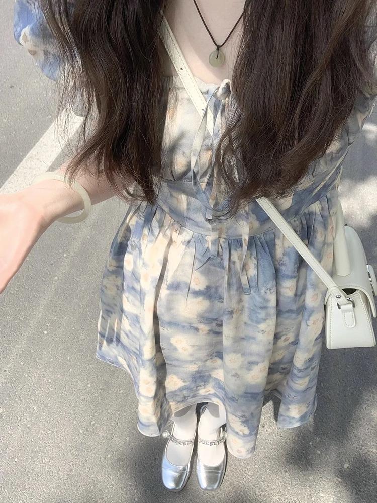 Large Size French Coffee Break Floral Dress Women's 2026 New Summer Skirt Fat Mm Belly and Thin A-word Short Skirt