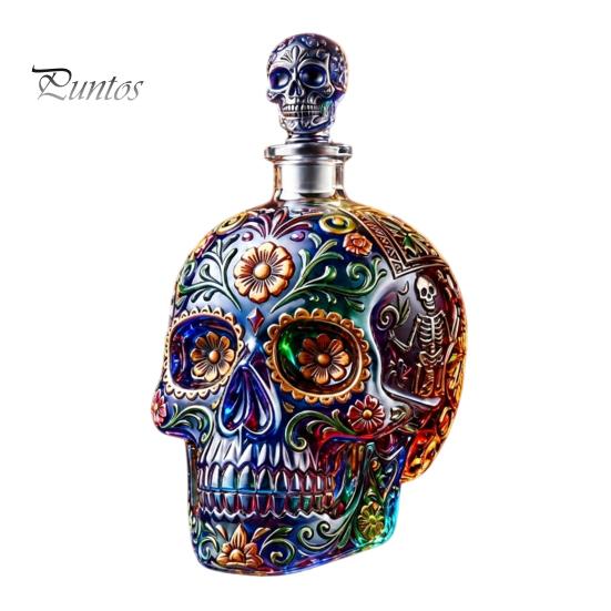 Dekoratives Glas für Hausbar Tag der Toten Weinglas, mit 3D-Reliefmalerei, Handbemaltes Einzigartiges Dreidimensionales Gotisches Totenkopf Whiskey