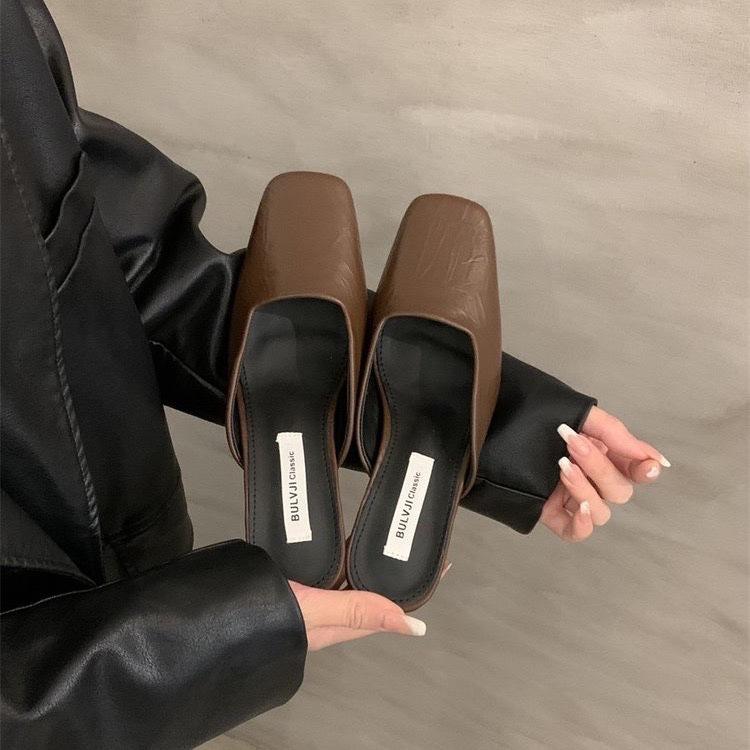 Temperament high-heeled bag head half slippers outer wear women's shoes spring and summer 2025 new thick heel not tired feet shallow mouth slippers