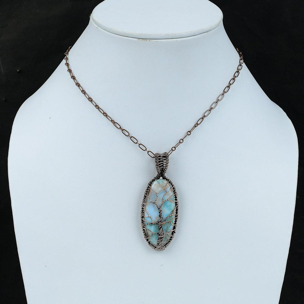 Tree Of Life Larimar Gemstone Pendant Copper Wire Wrapped Jewelry Unique Copper Design Jewelry Handmade Dainty Pendant Gift For Her & Mother