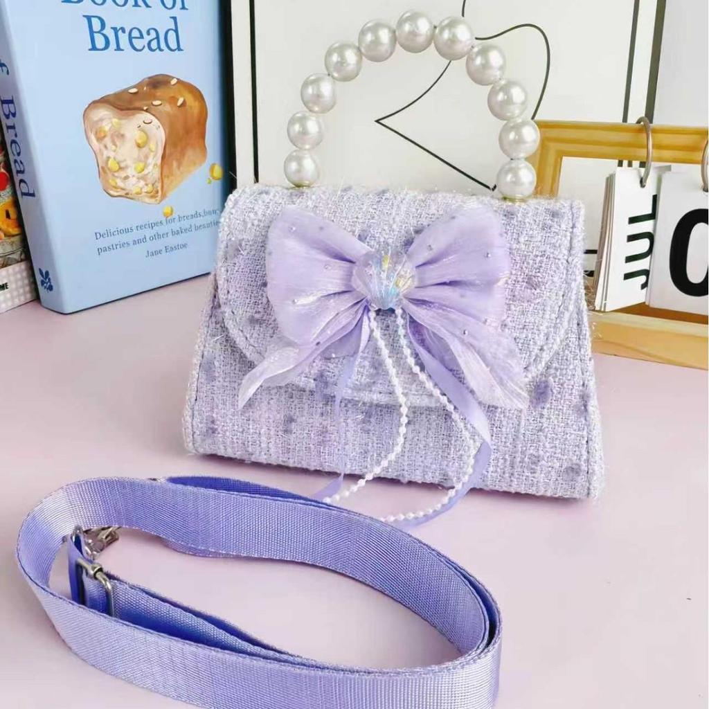2025 Autumn Cute Girls' Crossbody Bag with Bow and Pearl Detail