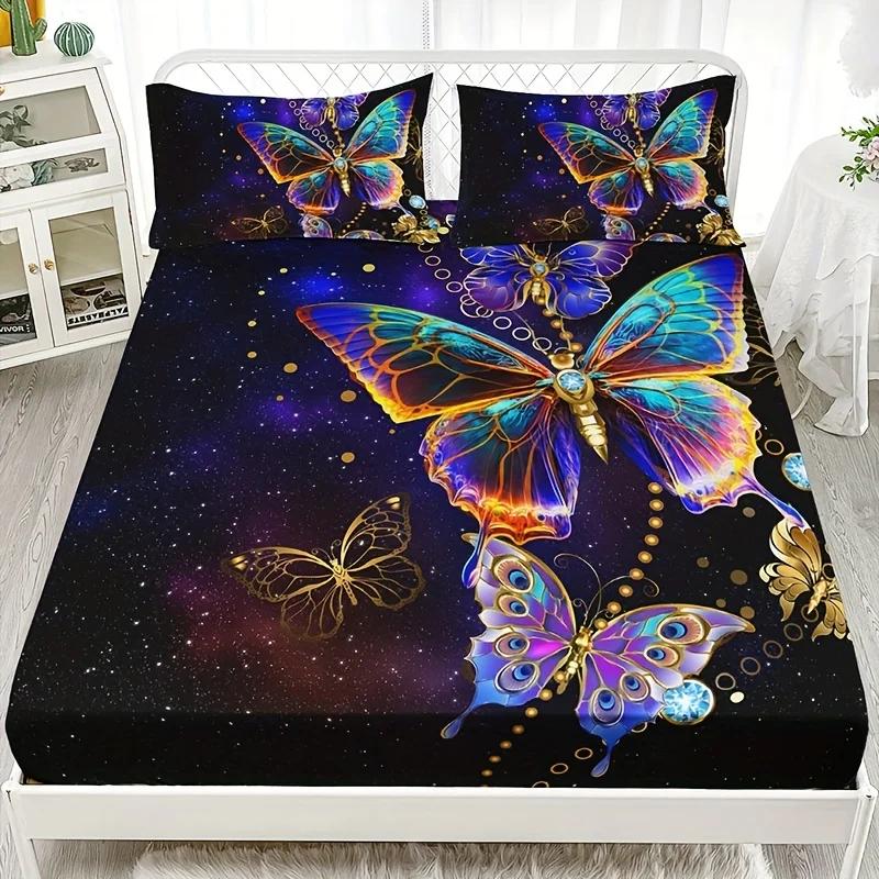 Fashion Luxury Fitted Sheet Set Soft Comfortable Breathable Color Butterfly Print Bedding Set For Bedroom Guest Room