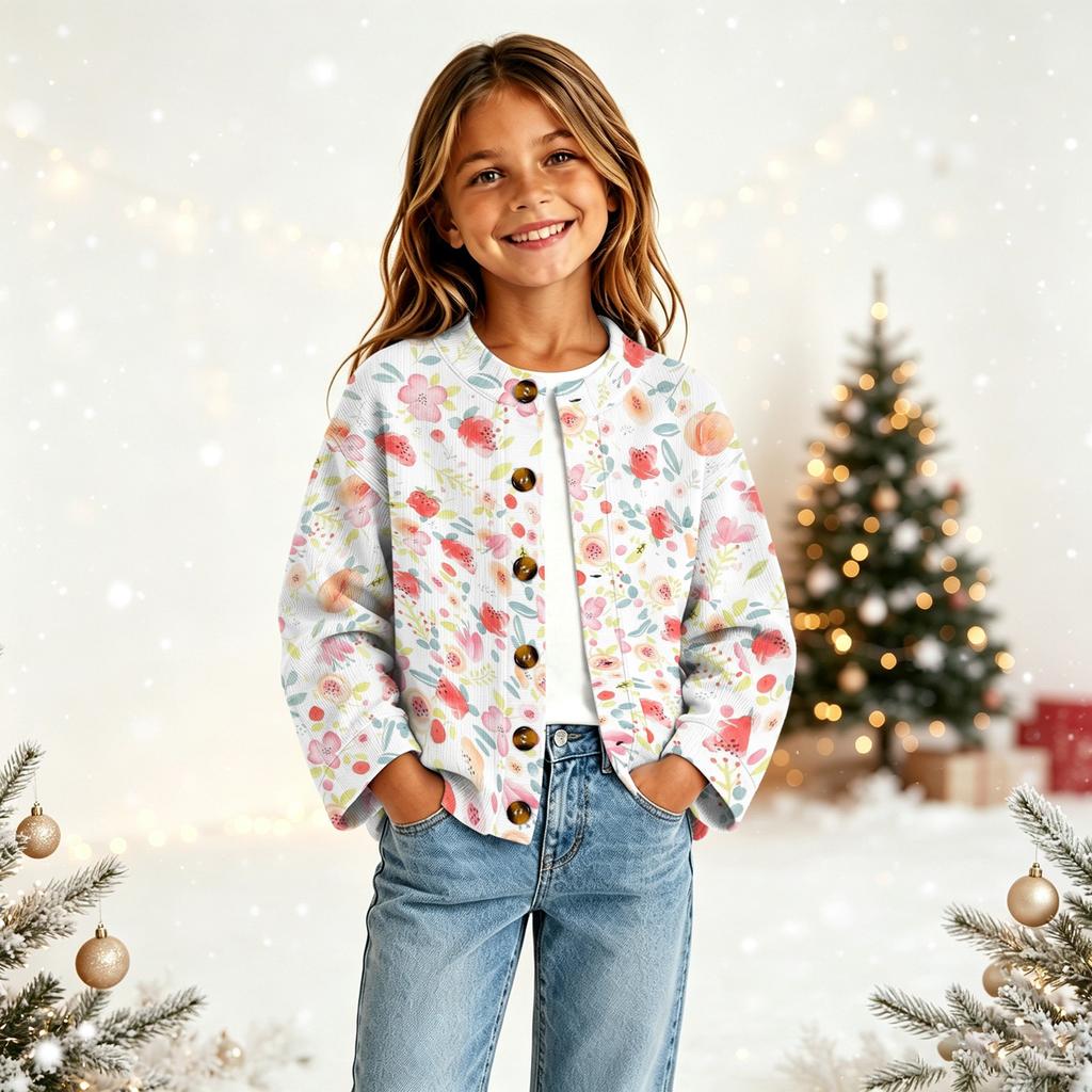 Stylischer Knopfleisten-Strickjacke für Mädchen mit süßem Aufdruck für Freizeit und Alltag
