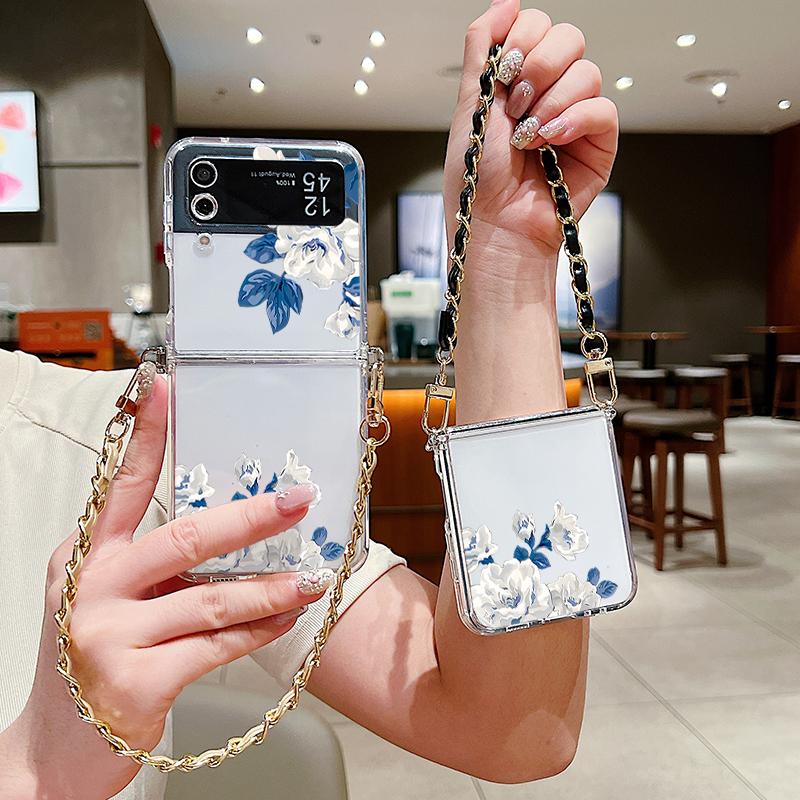 Metal Rope Lanyard Case For Samsung Galaxy Z Flip7 Flip6 Flip5 Flip4 Flip 7 FE 6 5 4 3 5G White Flower Pattern TPU Back Cover